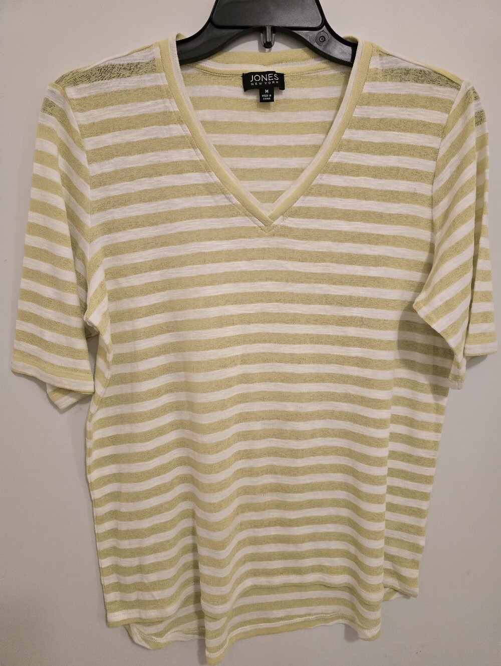 Jones New York Pale Green and White Striped V-Neck Tee